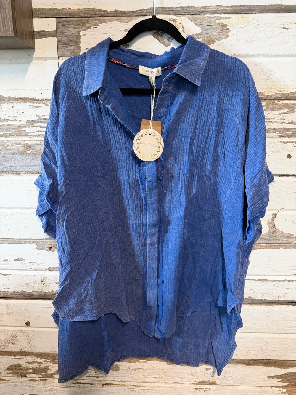 Umgee Blue Textured Button-Front Blouse